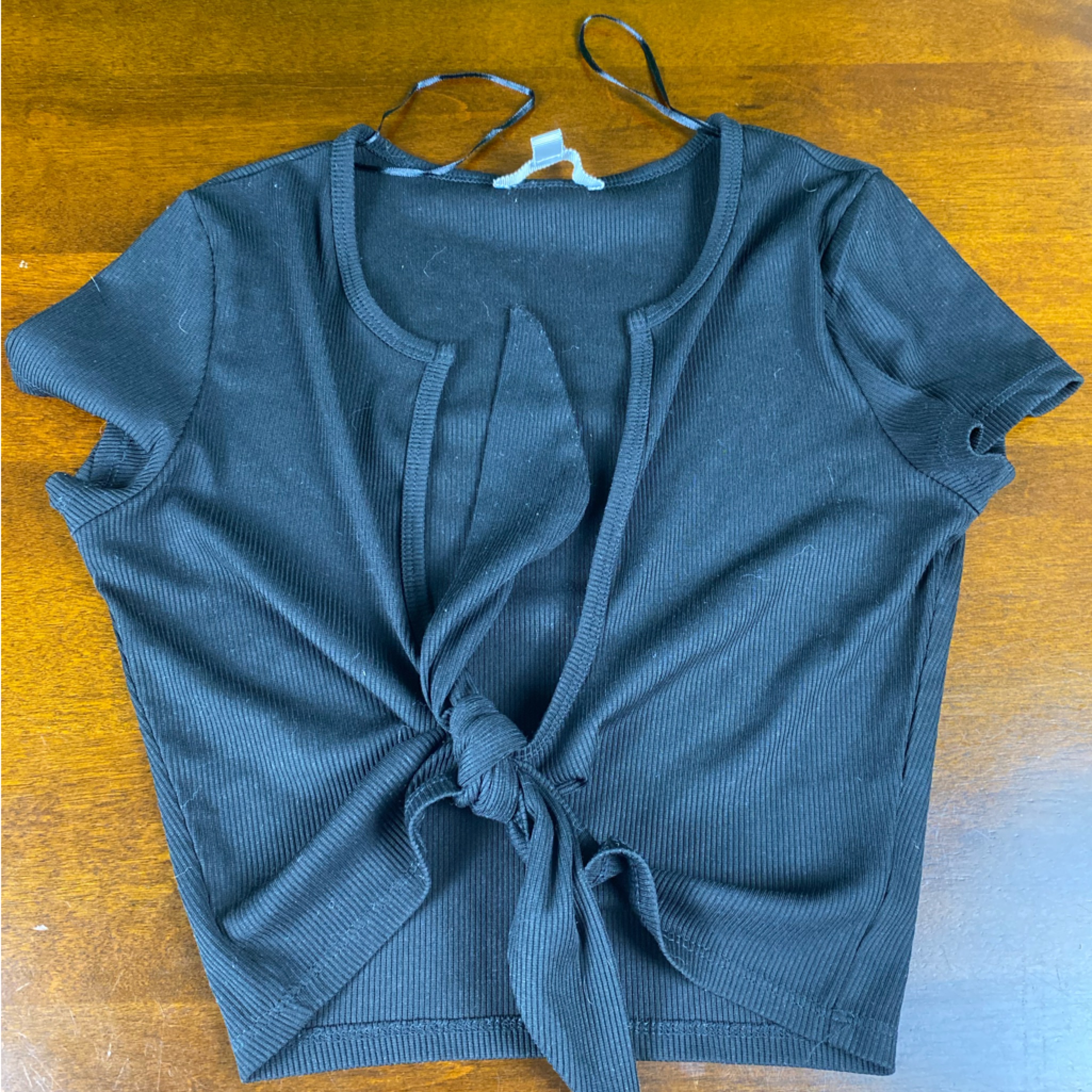 Black Tie-Front Ribbed Top